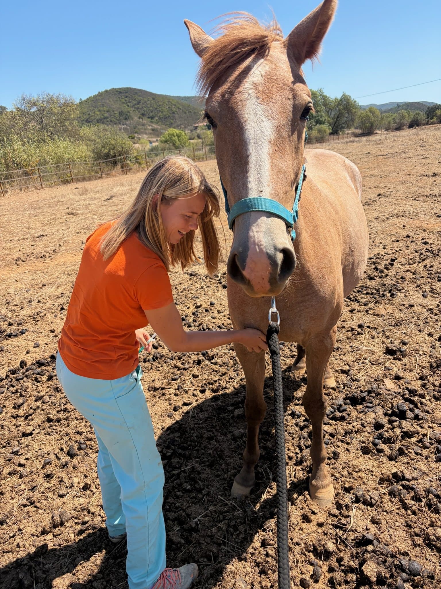 Paula with a young palomino pony in the hills